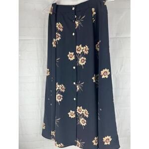 Ryza New York Womens 3/4 A-Line Button Up Floral Skirt Black Elastic Waist USA M